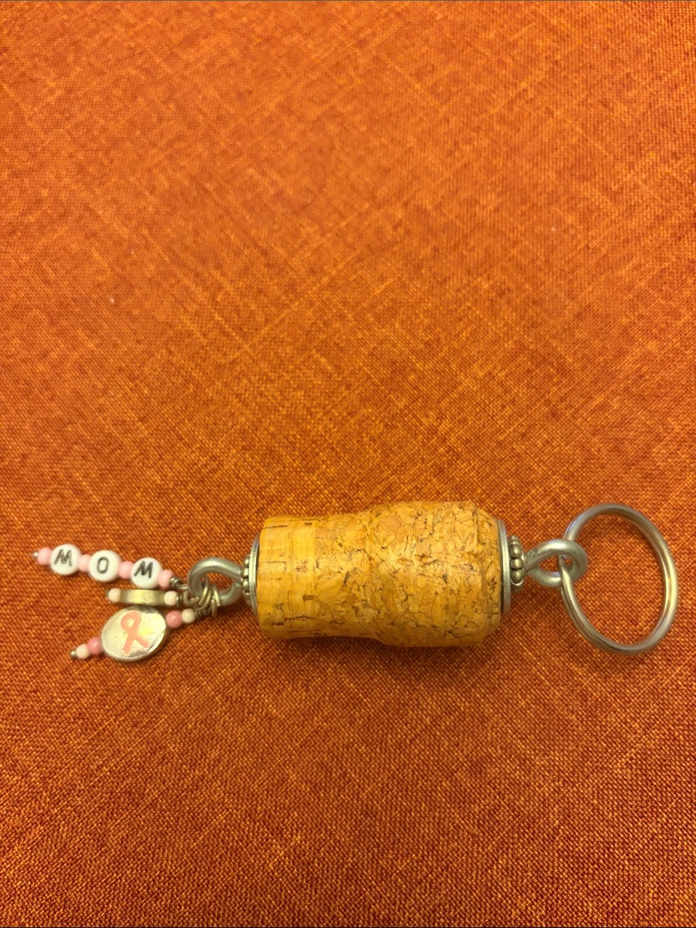 Cork Bottle Stopper Keychain with MOM Breast Cancer Survivor Charm
